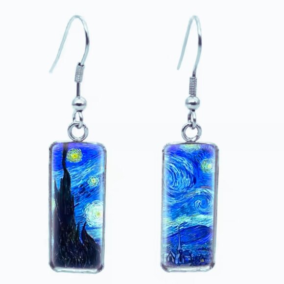 Starry Night Earrings – Rectangular Glass Dangle Earring by Van Gogh - Picture 1 of 2